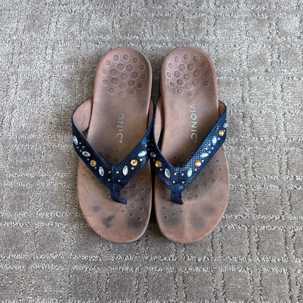 Vionic Lucia Flip Flop Sandal Women's 6.5 Navy Jewel Thong Comfort Vacation